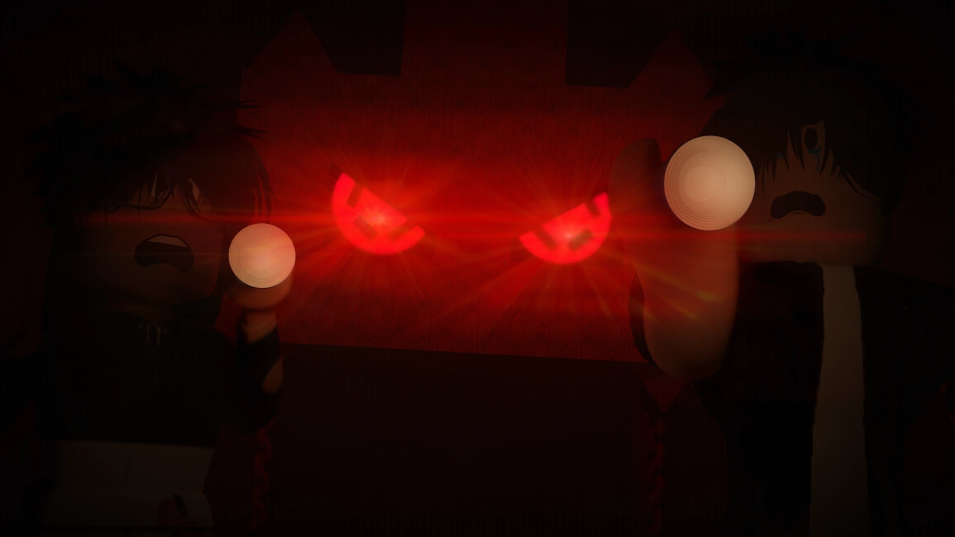Roblox horror scene with two characters, flashlights, and glowing red eyes