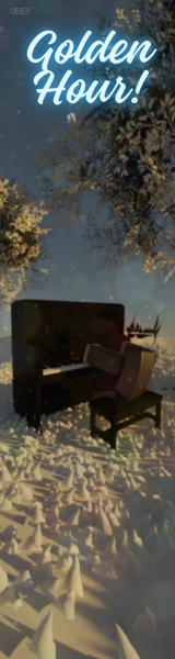 Golden Hour promotional artwork featuring a character playing piano outdoors